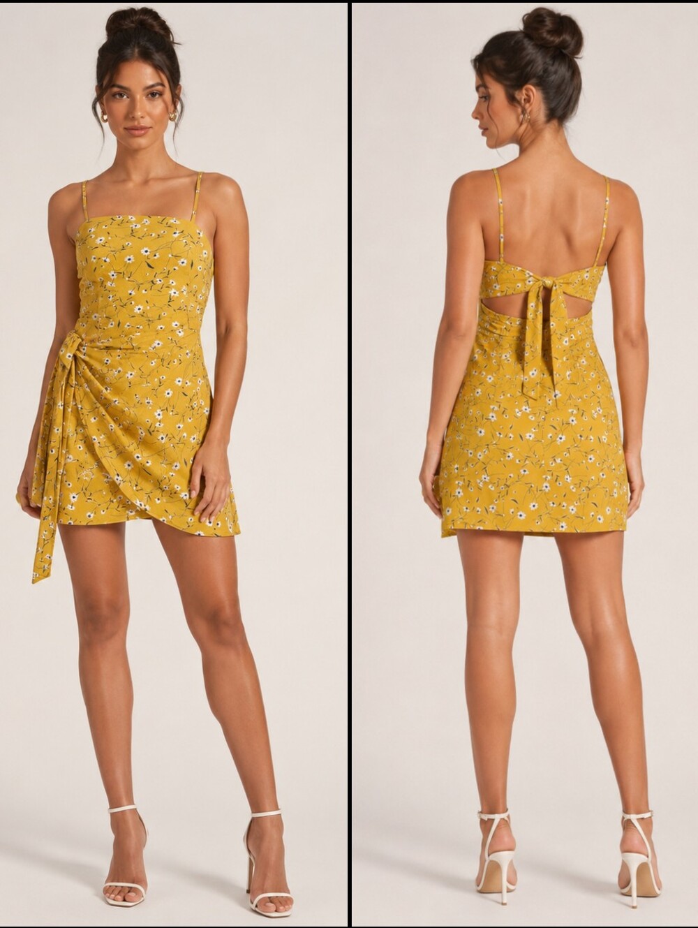 Women's Yellow Sleeveless Floral Wrap Mini Sundress Size S